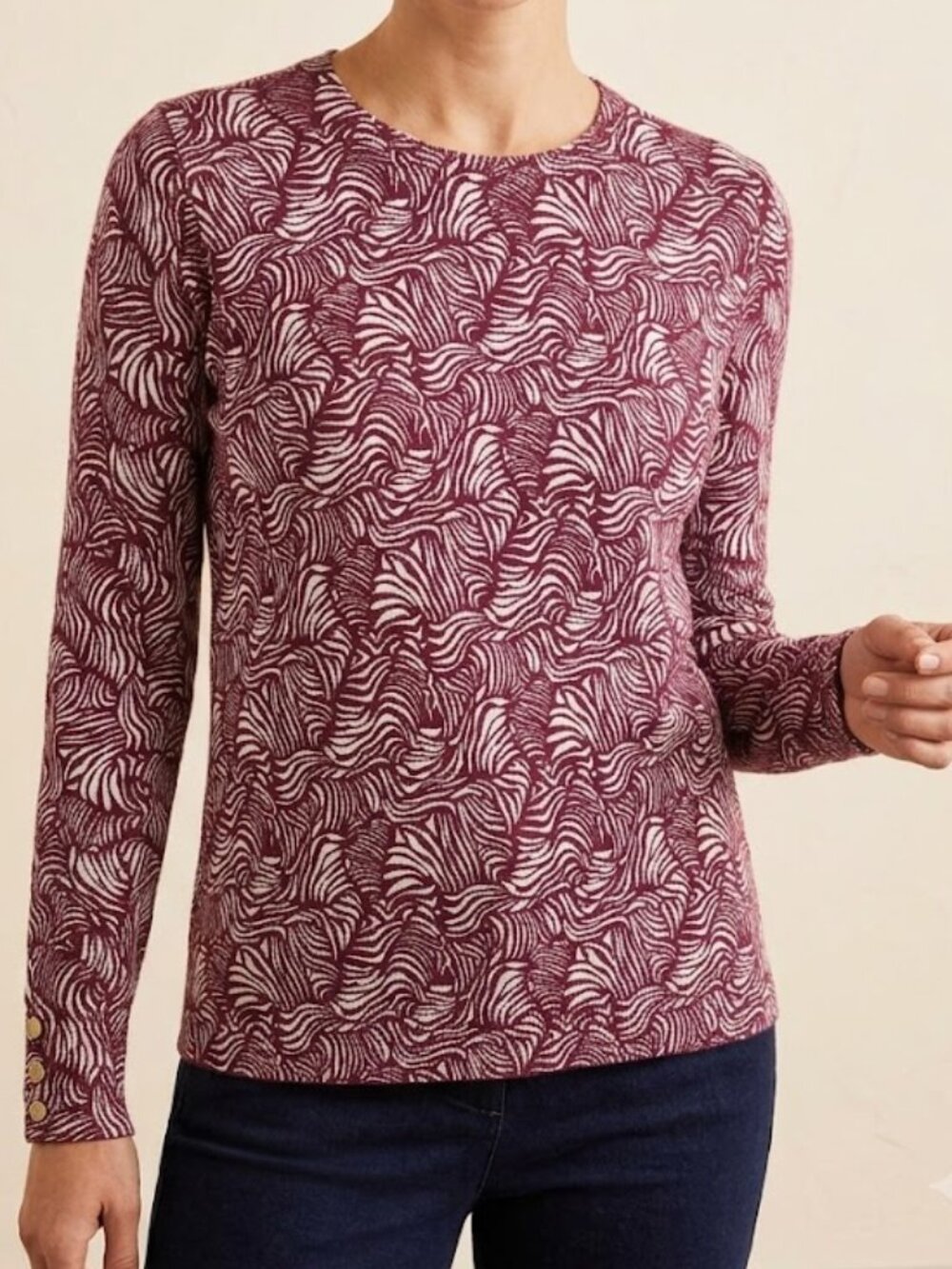 Boden sz Medium burgundy/wine and white abstract knit long sleeve pullover top